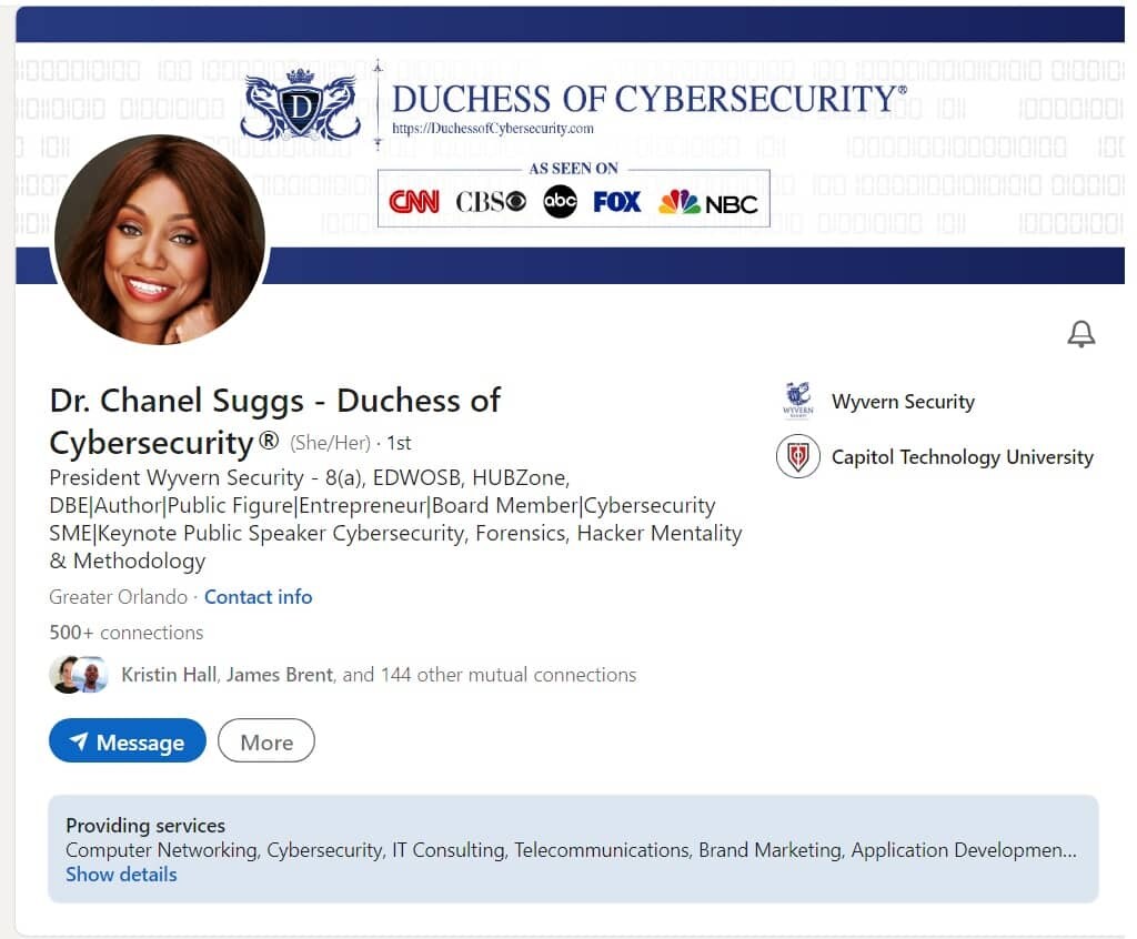 Great LinkedIn Profile for Cybersecurity Recruiter