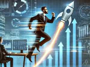 Cybersecurity jobs for beginners showing a man jumping alongside rocket