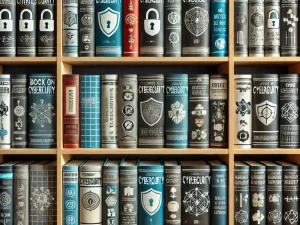 Cybersecurity learning with books on shelves