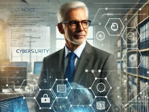 Old Man Standing with Cybersecurity Images