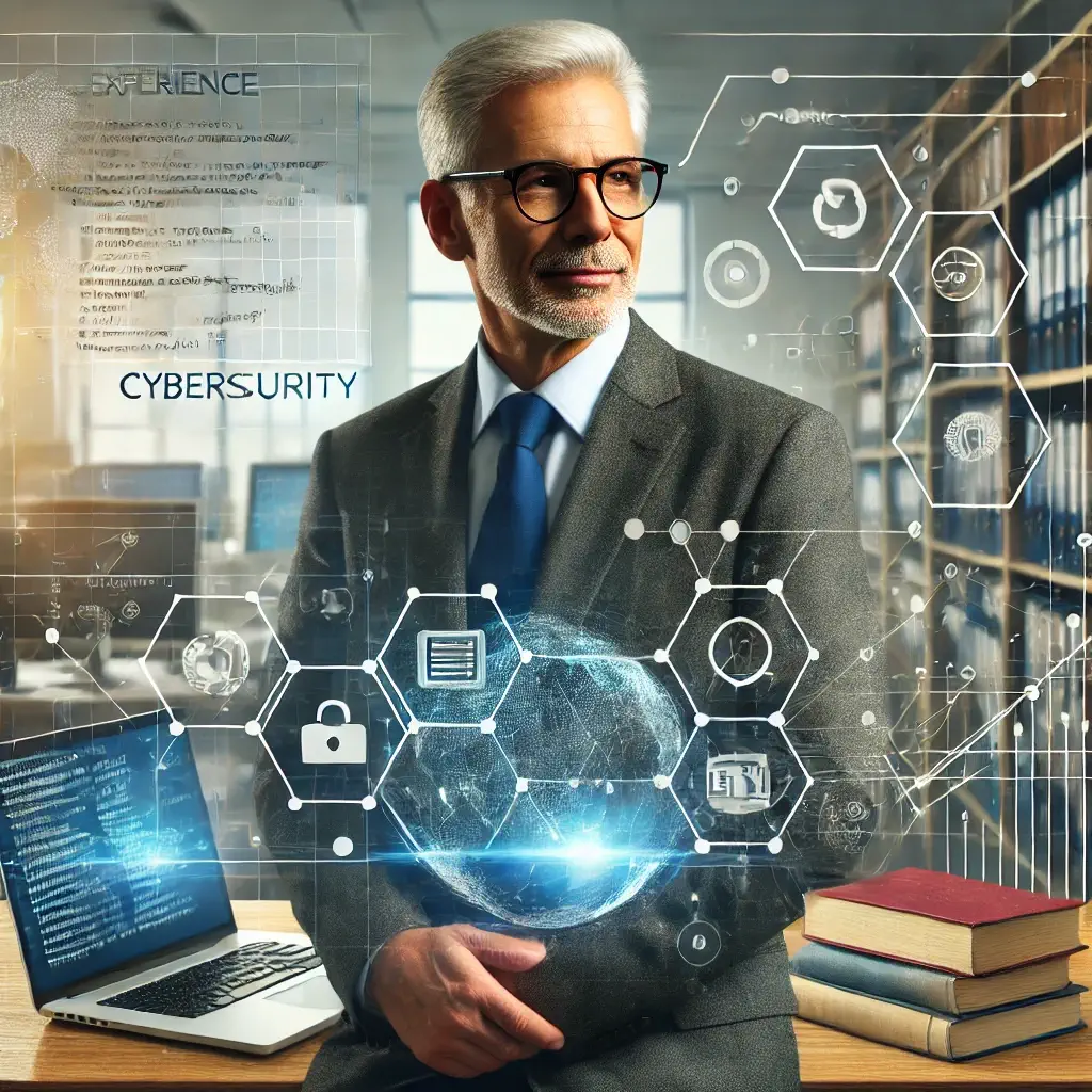 Old Man Standing with Cybersecurity Images