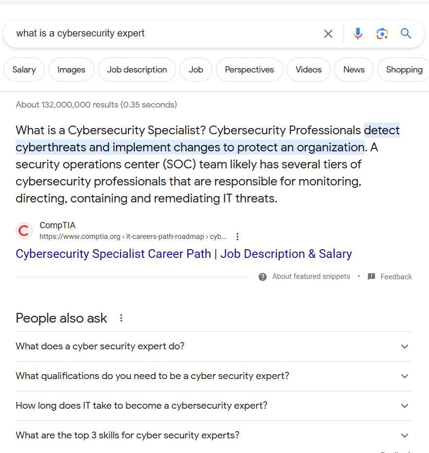 Google Output for Cybersecurity Expert